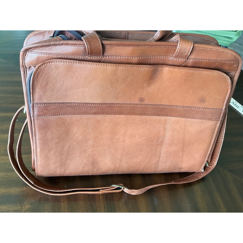 USL Vintage Leather Briefcase Messenger Bag Cognac Brown Multi Pocket Laptop Bag